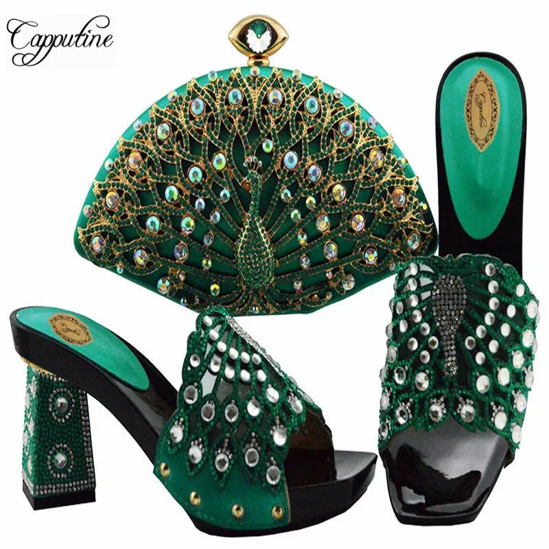 Новый итальянский Элегантная обувь, расшитая стразами и сумка в комплекте для свадьбы Африка Стиль на высоком каблуке 9 см обувь и сумка в