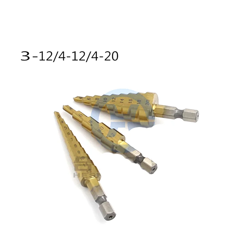 

HSS4241 high speed steel hex handle titanium plated step drill 3-12/4-12/4-20mm small three piece set pagoda drill set