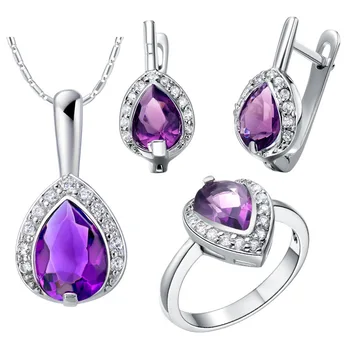 

Luxury RING Necklace Earrings Jewelry Sets SA 925 sterling jewelry fashion suit made Purple water explosion