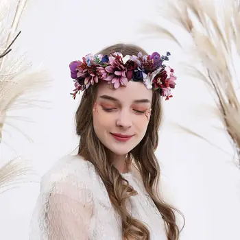 

European Adult Kids Vintage Headband Simulation Colorful Flower Wreath Crown Adjustable Ribbon Bridal Hairband Party Props