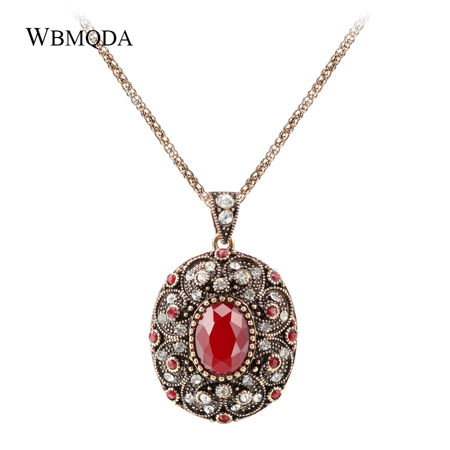 

Wbmqda Red Natural Stone Drop Necklace For Women Ethnic Bohemian Jewelry Antique Gold Color Crystal Necklace Party Gifts
