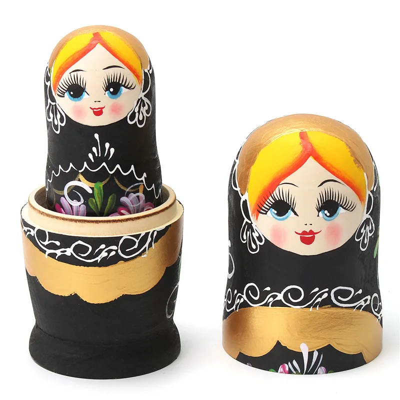 

KiWarm Cute 5pcs Matryoshka Russian Nesting Dolls Set Babushka Wooden BLACK Decor Gift Flowers Hand Painted Doll Children Toy