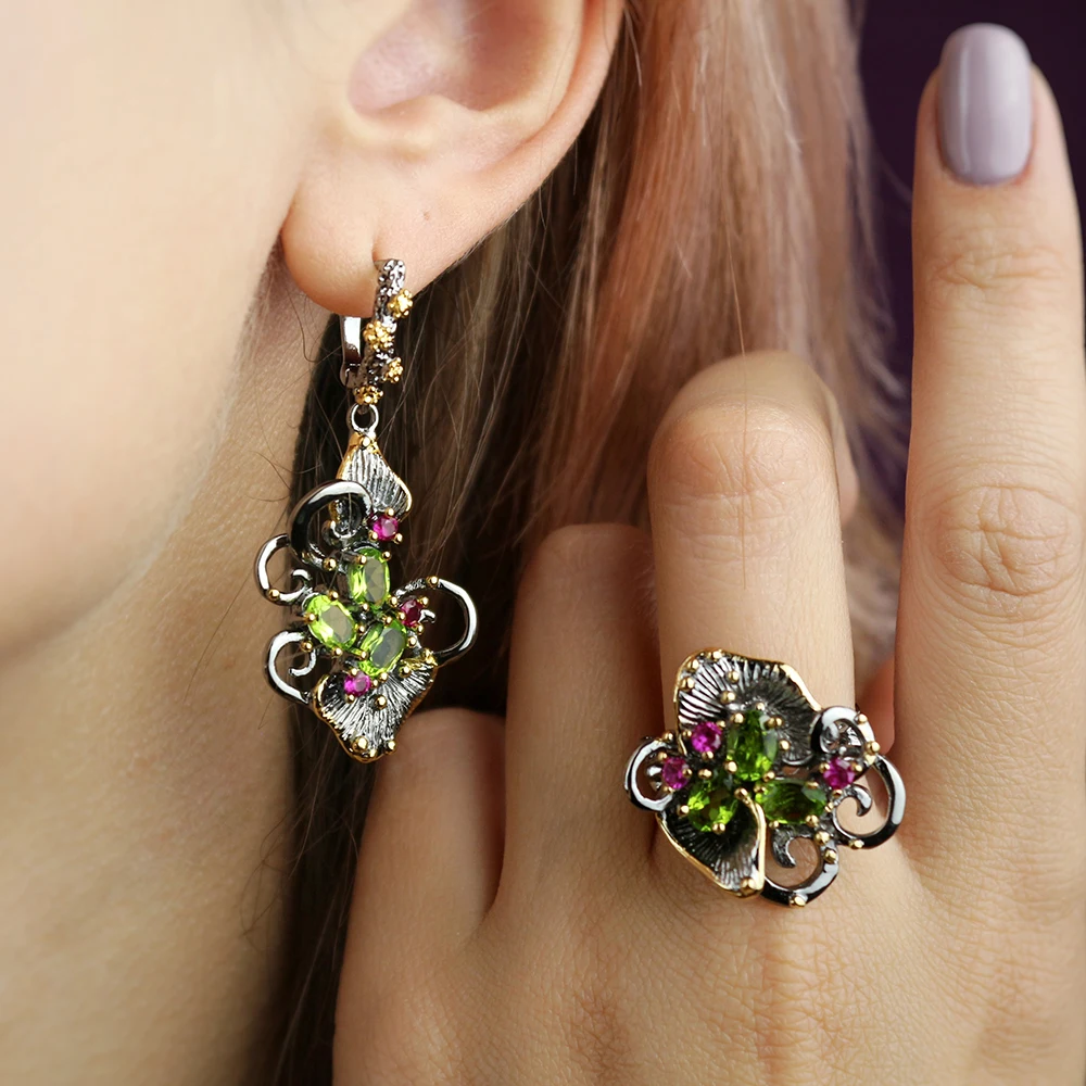 

Olivine Crystal Earrings Ring Jewellery Set Leaf Dangle Earrings Color Zircon Gun Metal Nice 2pcs Jewelry Sets for Women