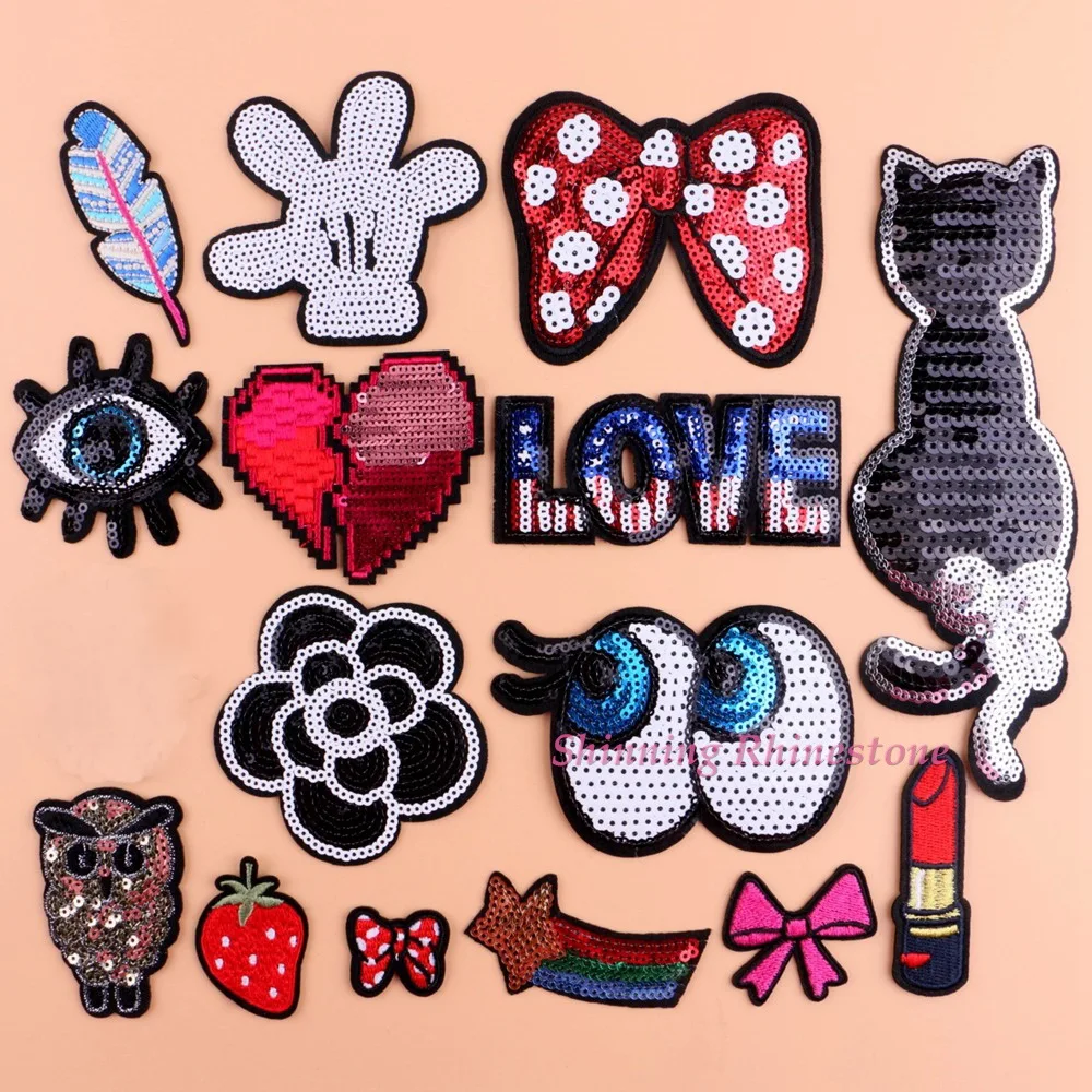 

Iron On Brand Patch Sequins Patches Sewing Embroidery Patch Cat Motif Applique Patch DIY Clothing Heart Eye Owl Bowknot