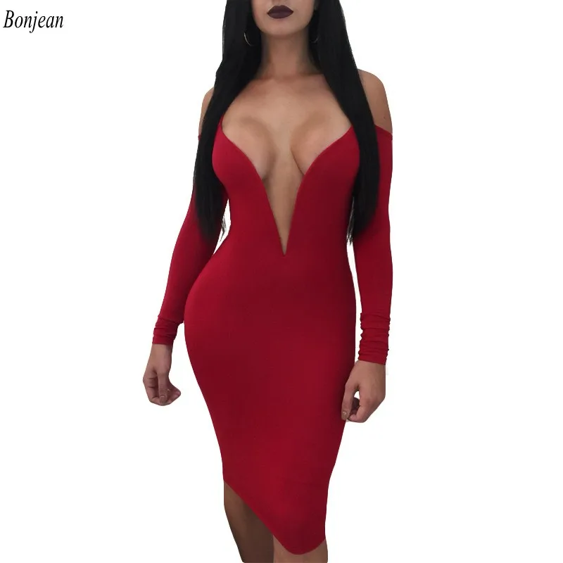 

European and American long sleeved strapless sling sexy deep V nightclub dress