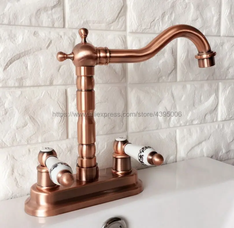 Antique Red Copper Double Handle Double Holes Bathroom Basin Faucet Brass Vessel Sink Water Tap Mixer Brg045
