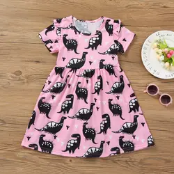 Детские платья; Одежда для девочек Fille Hiver Малыш для маленьких девочек короткий рукав с принтом динозавр вечерние платье наряды одежда