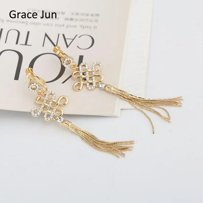 

Grace Jun 4 Colors Choose Rhinestone Chinese Knot Long Tassel Style Clip on Earrings Without Piercing and Pierced Earrings New