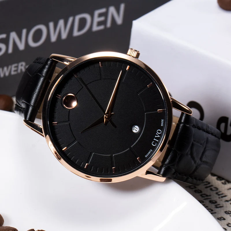 CIVO Mens Watches Top Brand Luxury Waterproof Date Calendar Genuine Leather Quartz Wrist Watches For Men Clock Relogio Masculino