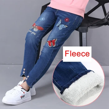 Teenage Girls Denim Jeans 2019 Autumn Winter Kids Cotton Elastic Pants Leggings Fleece Thicken Warm Embroidered Jeans 3-12 Years 6