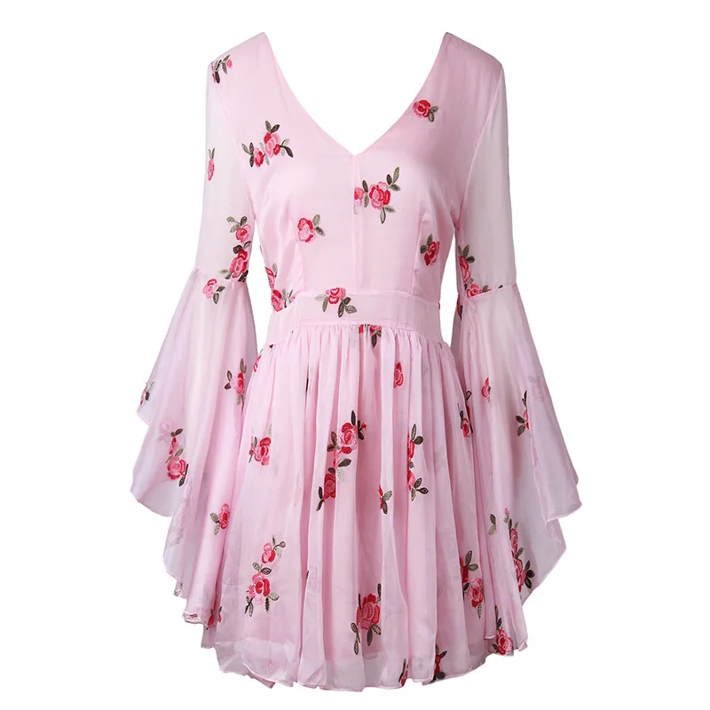 

Blvyisla Pink Fairy Lady Mini Dress Slim Women Deep V Flower Sweet Ruffled Summer Holiday Dresses Night Party Lolita Vestidos