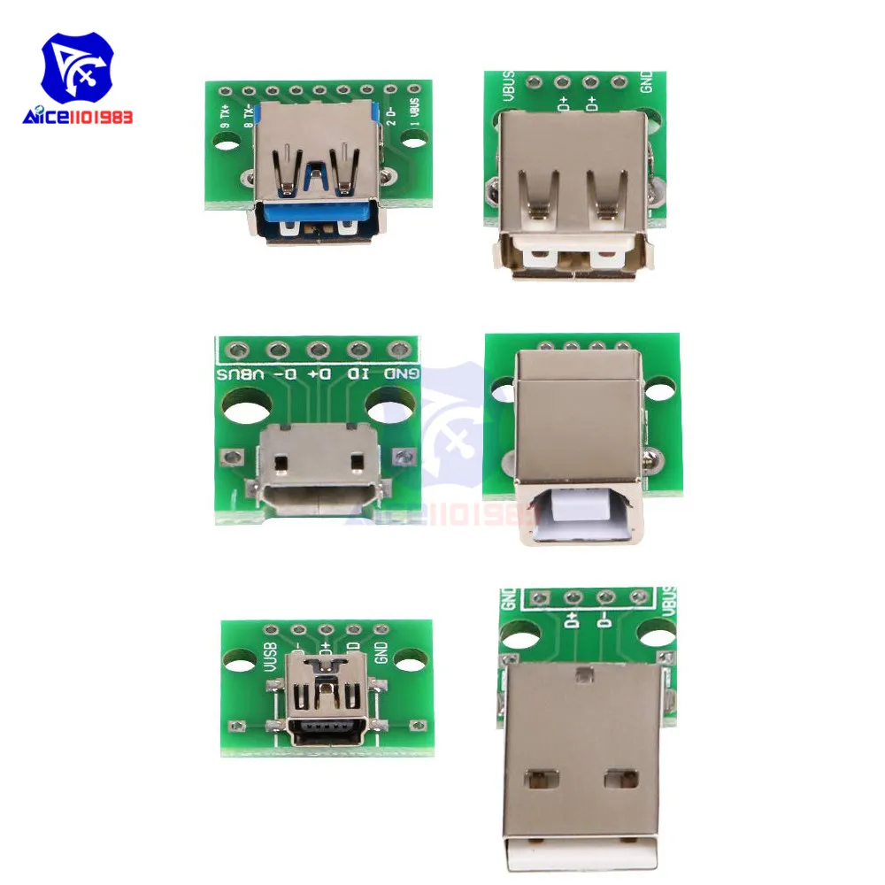 Micro/Mini USB/USB A папа/USB 2,0/3,0 A мама/USB B интерфейс до 2,54 мм DIP PCB конвертер адаптер коммутационная плата