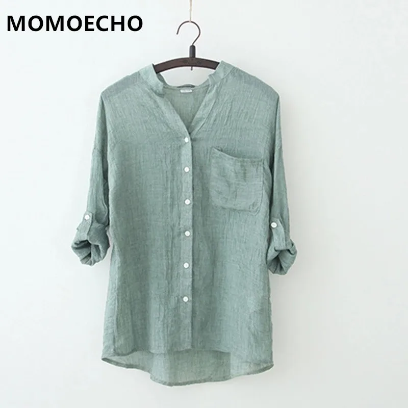 MOMOECHO 2018 New Women Blouse Autumn Cotton Solid Button Down Tops Long Sleeve Shirt Casual Loose Ladies camiseta |