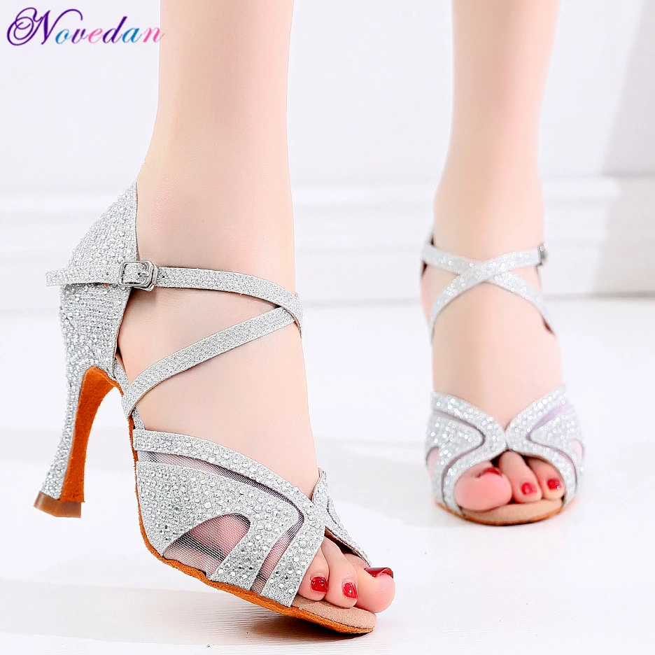 

Elegant Woman Party Wedding Dance Shoes Silver White Diamond Rhinestones Latin Dance Shoes Ladies Salsa Dance Shoes High Heels