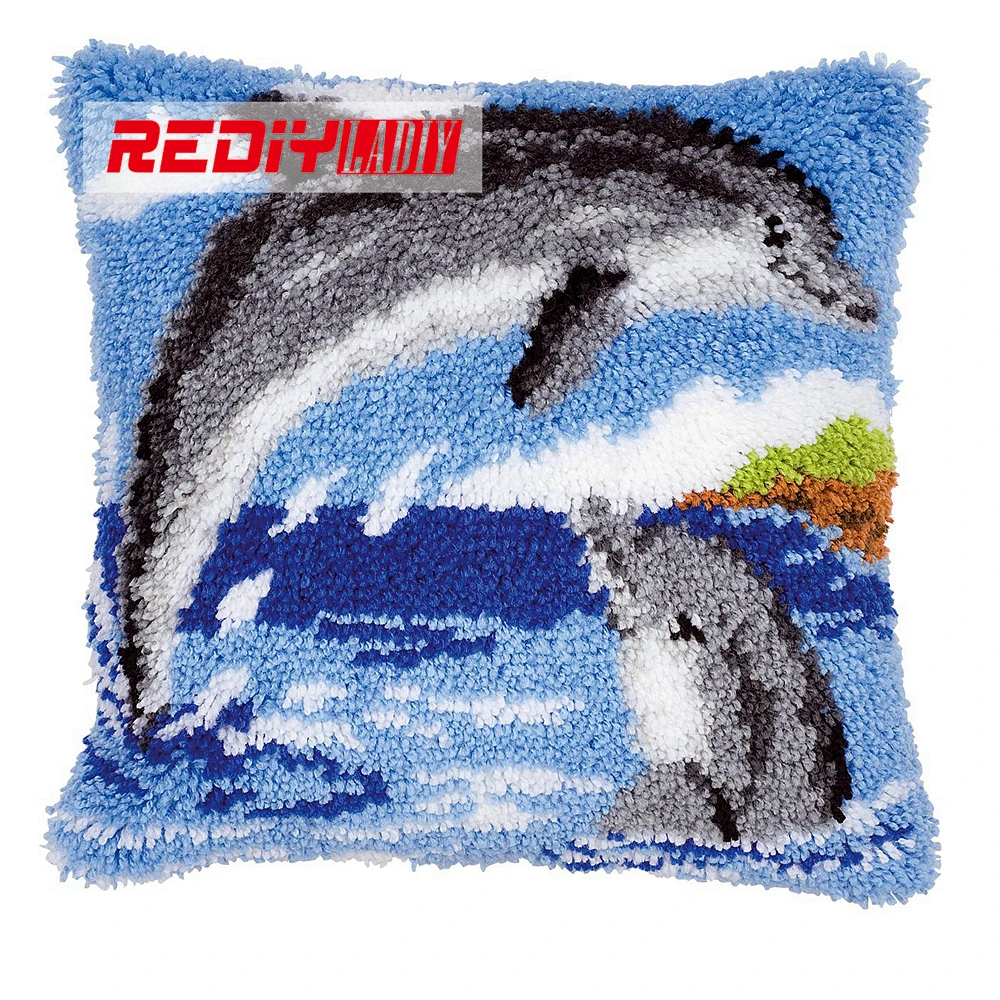 

HOT Latch Hook Cushion Kits Gift DIY Needlework Crocheting Throw Pillow Unfinished Yarn Embroidery Pillowcase DOLPHINES Crafts