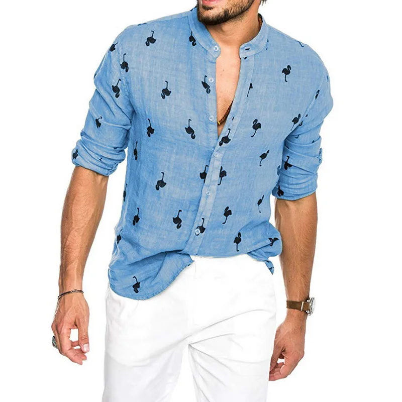Новинка Oeak гавайская рубашка с принтом Фламинго рубашка на пуговицах с длинным рукавом Hombre Тонкая Повседневная летняя льняная рубашка Blusa Masculina