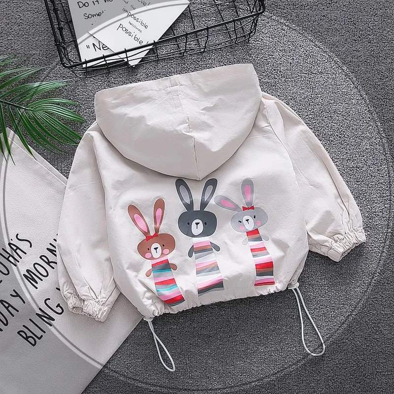 Весенне-осенняя верхняя одежда для маленьких девочек, повседневная куртка на молнии, детское свободное хлопковое пальто с капюшоном и рисунком кролика для маленьких девочек
