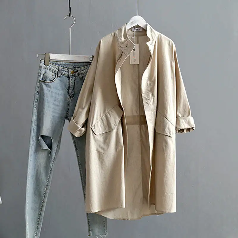 Пальто для женщин в стиле Харадзюку, весеннее модное повседневное длинное пальто, женское свободное хлопковое льняное пальто, тонкая ветровка C5275