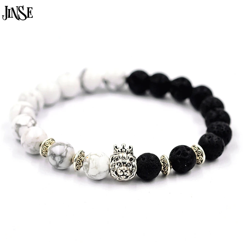 JINSE Natural Stones Silver Lion Charm font b Bracelets b font With Gold Crown Howlite Lava