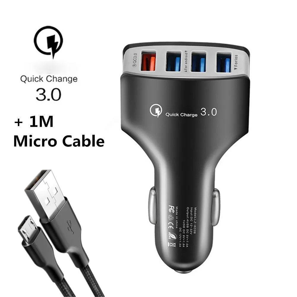 Faichoy 4 порта Переходник USB для зарядки в машине с кабелем Универсальный QC3.0 автомобильное зарядное устройство мобильный телефон автомобильное зарядное устройство для iPhone samsung huawei - Тип штекера: Black   Micro Cable