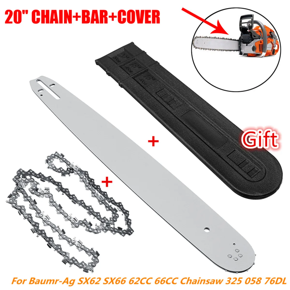 

MTGATHER 76 Drive Link Chains For Baumr-Ag SX62 SX66 62CC 66CC Chainsaw 325 058 76DL 20" Chainsaw Chain + Bar + Cover Set