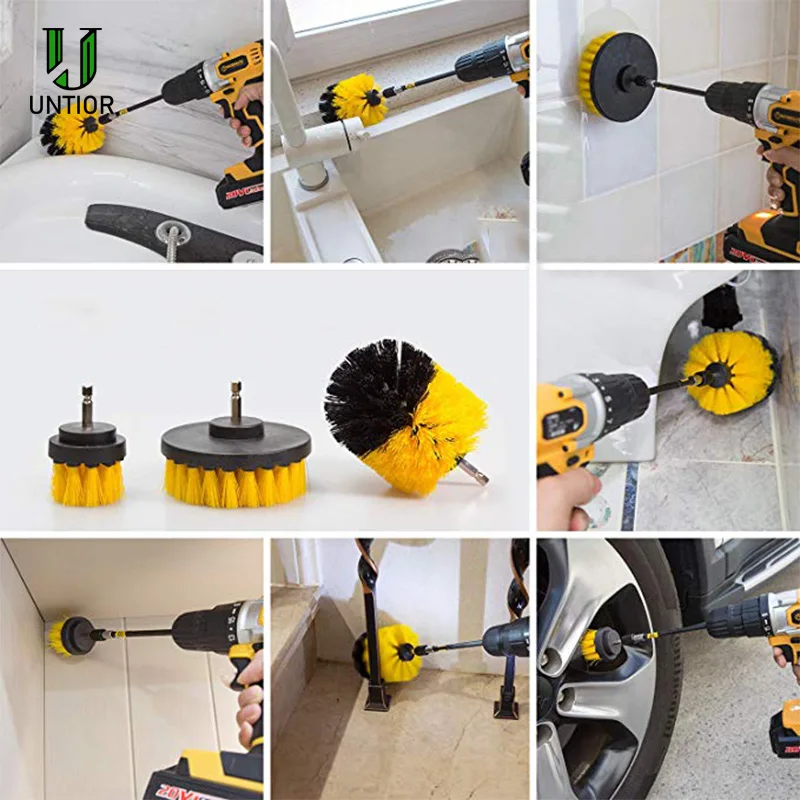 UNTIOR 3Pcs/Set Electric Scrubber Brush Drill Brush Kit Plastic Round Cleaning Brush For Carpet Glass Car Tires Nylon Brushes 3