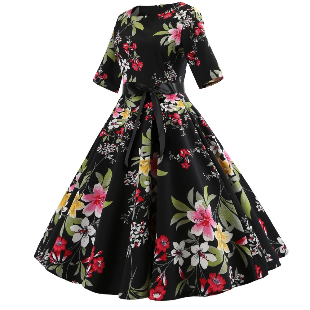 50s 60s Vintage Retro Dress Hepburn Style Robe Chic Floral Printed