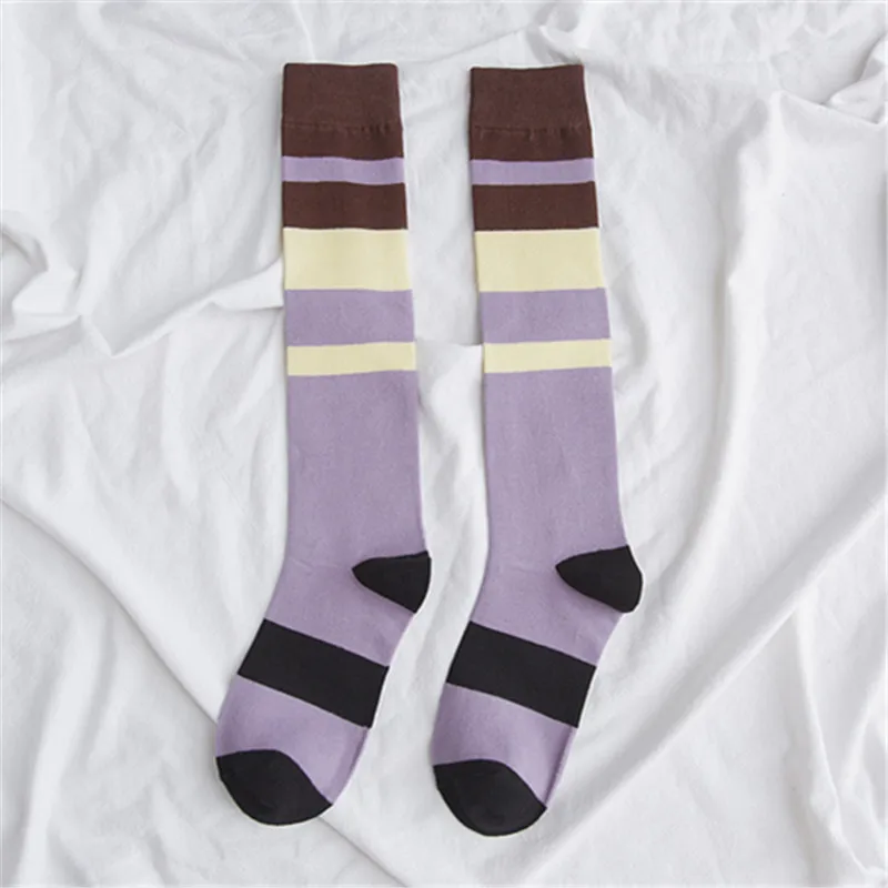 Light purple socks PEONFLY, женские гольфы, чулки до бедра, теплые, Harajuku, школьные, студенческие, в полоску, длинные, счастливые носки для женщин - Цвет: Light purple socks