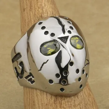 

LINSION 316L Stainless Steel Halloween Jason Mask Hockey Olive Green CZ Eyes Mens Biker Rocker Punk Ring CZ Ring 3F601