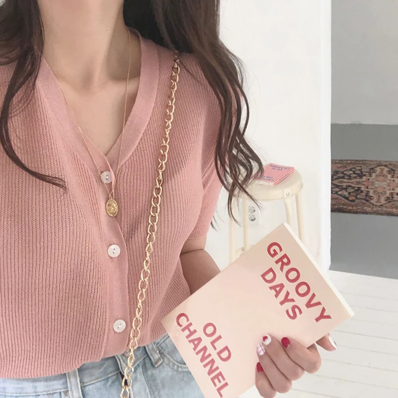 

Summer Thin Knitted T Shirt Women Top Short Style Buttons Lady Tee Shirt Femme Chemisier Camiseta Feminina Camisa Mujer