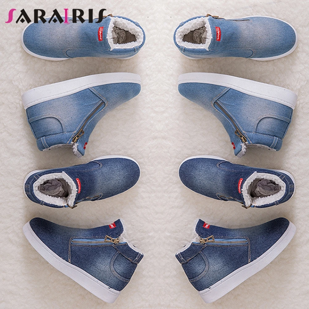 

SARAIRIS Dropship Big Size 35-44 Hot Sale Denim Flats Women Autumn Winter Add Fur Footwear Casual Platform Wedges Shoes Woman