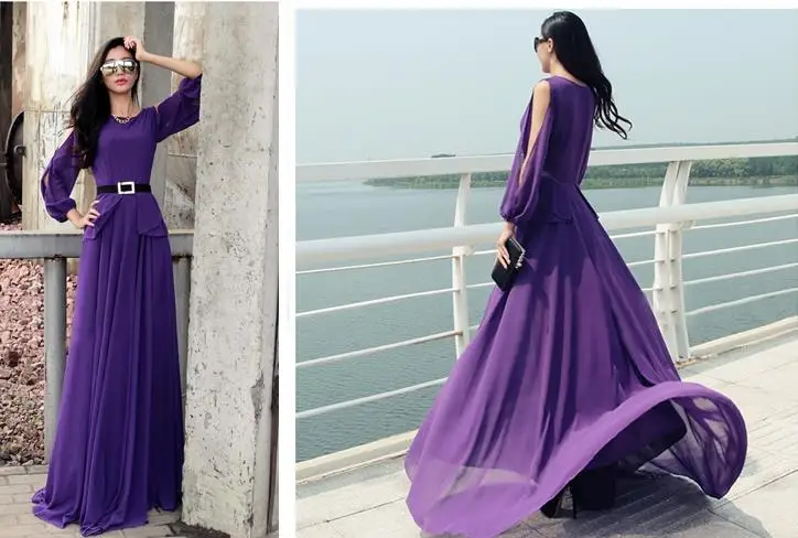 Новинка, женское Модное шифоновое фиолетовое длинное платье с открытыми плечами, приталенное платье макси с длинным рукавом для весны w281