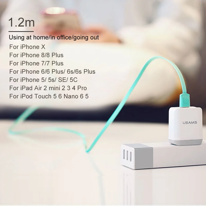 USAMS USB Cable para iPhone 8 cable de sincronización de datos Cable plano para iPhone 7 6X8 6 s 5S cable de 2A rápida cable de carga para ipad de alambre ligero