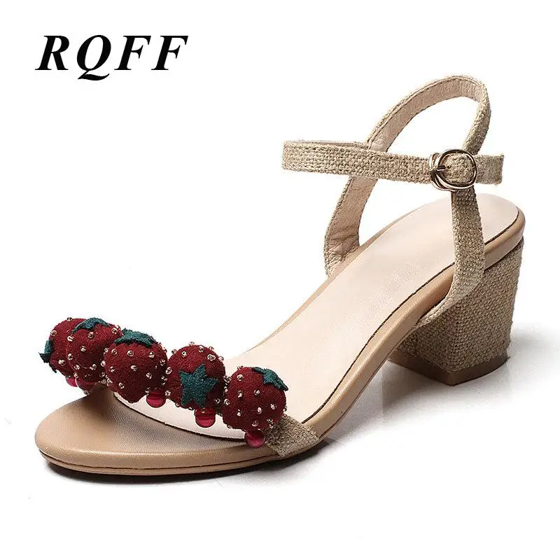 

Block Heels Womans Sandals Summer Woman Shoes Strawberry Hemp Dress Ankle Strap Buckle Fashion Square High Heel Ladies Shoe RQFF