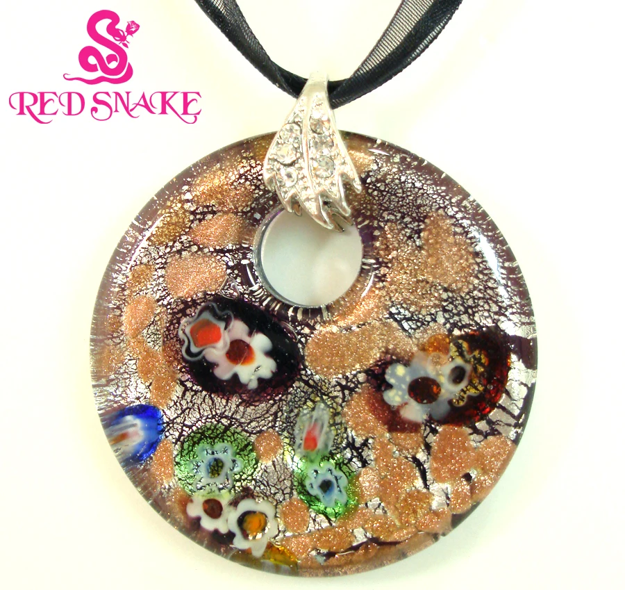 

RED SNAKE Brown And Silver Round Murano Glass Pendant