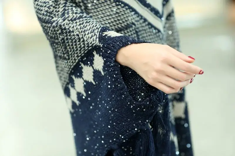 Осенний Женский пуловер, накидки и пончо, зимняя синяя накидка с кисточкой, женский свитер, модный винтажный богемный