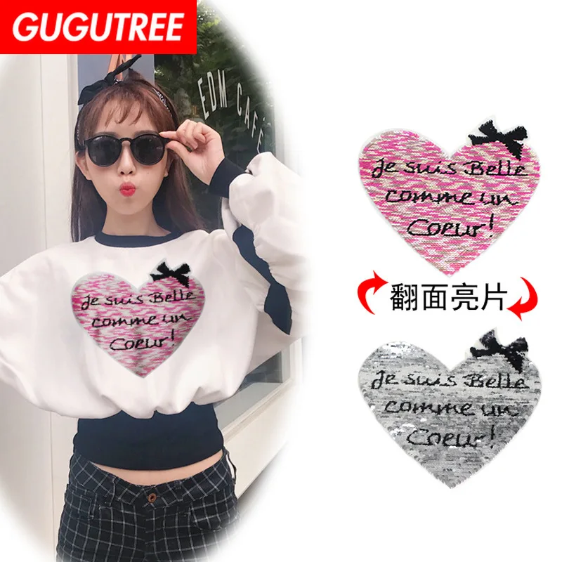 

GUGUTREE embroidery Sequins big love heart patches letter patches badges applique patches for clothing XC-196
