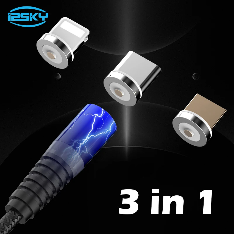 

IPSKY Type-c 3 In 1 Magnetic Data Charging Usb Cable 360 Rotation Led Charger Wireless Phone Charge Cables For Xiaomi Note 8