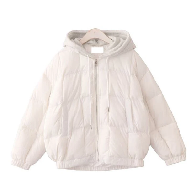 Женская пуховая стеганая куртка на молнии с капюшоном, теплая верхняя одежда, стеганая куртка, японская свободная хлопковая короткая куртка с капюшоном из двух частей для девочек - Цвет: Fresh white