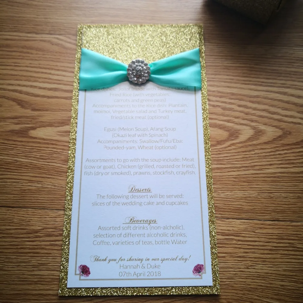 

30pcs/lot Personalized menu two layers menu handmade gold glitter With ribbon and brooch luxury menu whole set available
