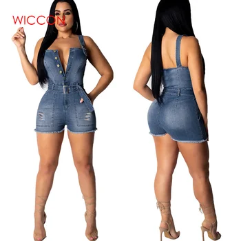 

Sexy Deep V-neck Women Denim Playsuit Shorts Belt Button Short Jumpsuit Club Ladies Jeans Overalls 2020
