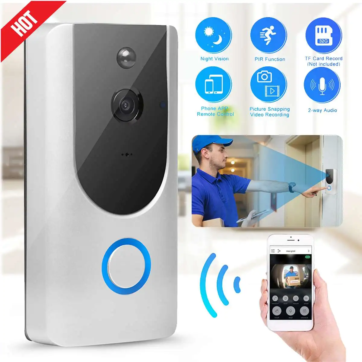 

720P Wifi Wireless Video Doorbell Visual Intercom Camera Real-time Two-way Talk IR Night Vision Smart PIR Motion Detection