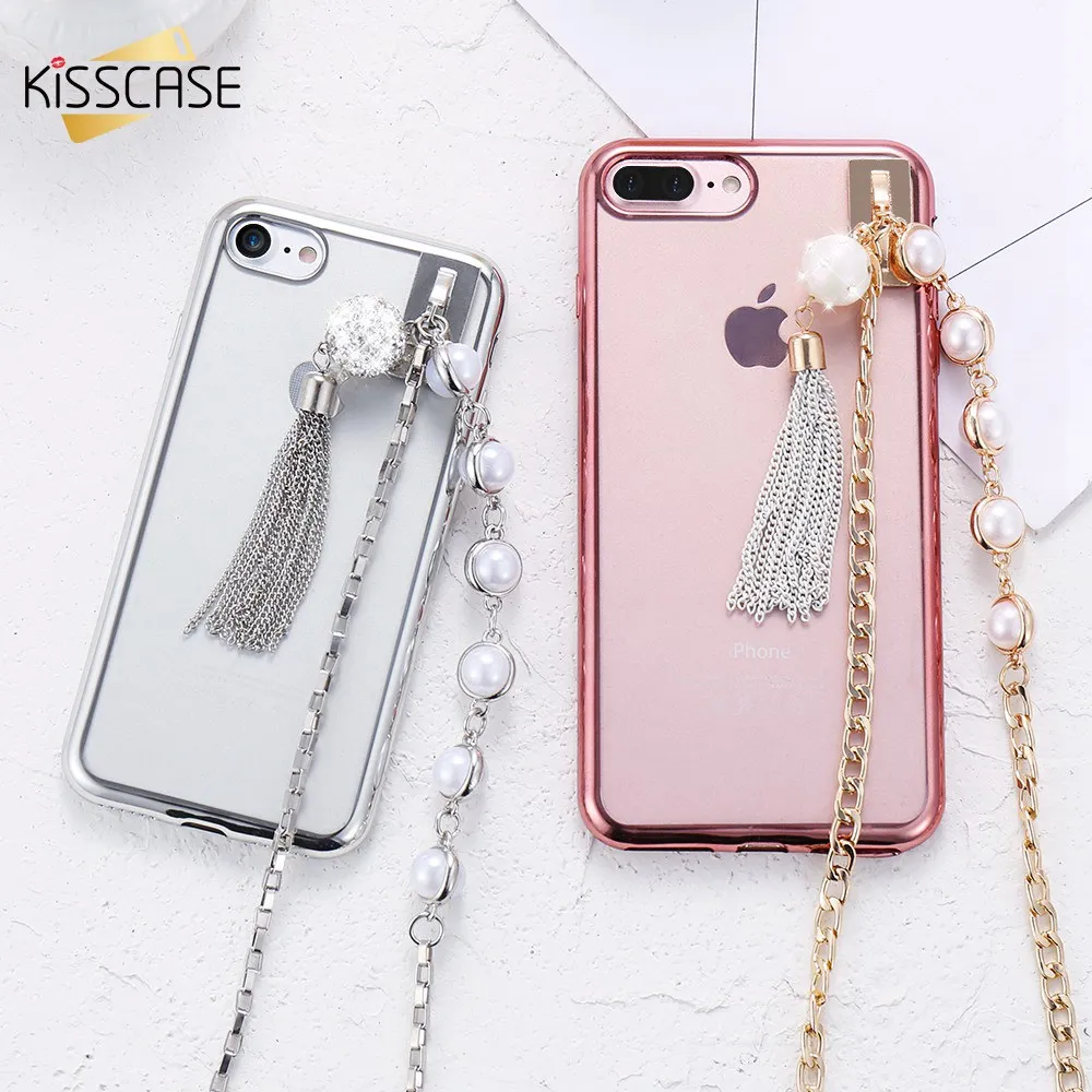 KISSCASE Phone Cases For iPhone 6 6S 7 8 Plus Cover Electroplated Pearl Hanging Chain TPU Phone