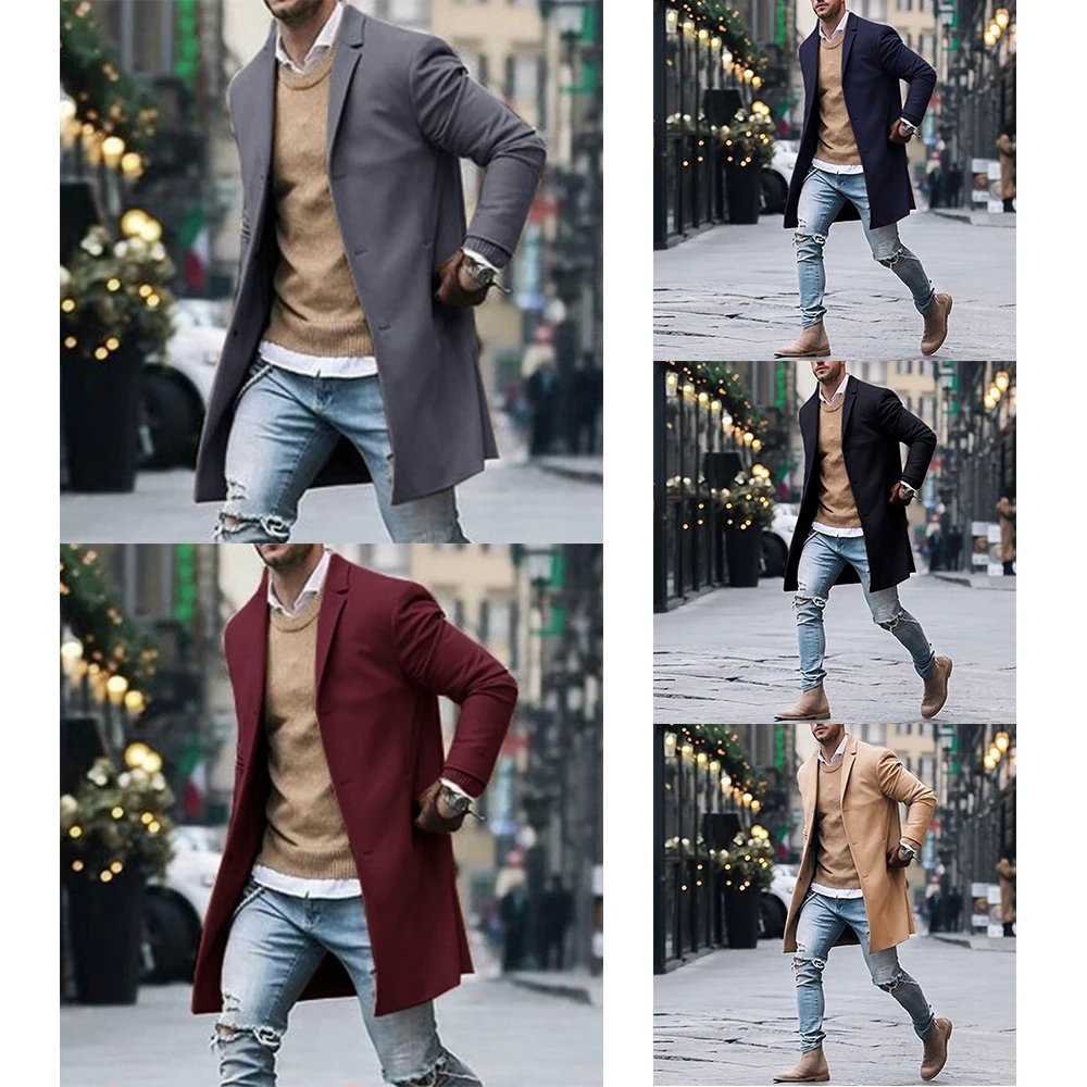 Solid Business Casual Woolen Trench Coats Male Medium Slim Collar Leisure Button Jackets Autumn Winter Fashion Tops Streetwear