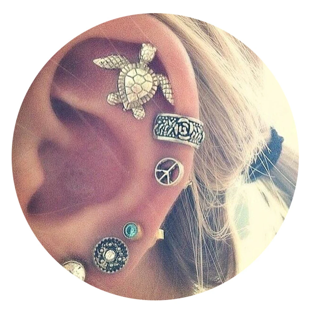 

6Pcs Antique Rhinestone Turtle Charm Ear Stud Cuff Earring Set Gift for Women