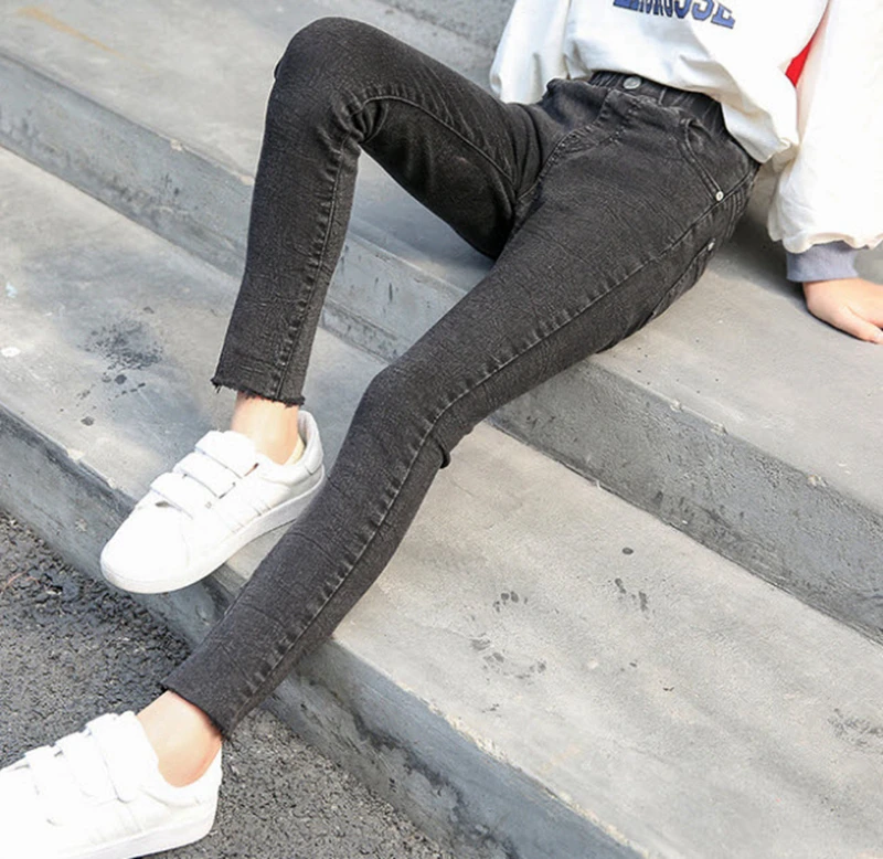 Детские джинсы для девочек Детские хлопковые джинсовые узкие брюки обтягивающие брюки эластичные черные брюки для больших девочек возраст для От 3 до 13 лет GL95
