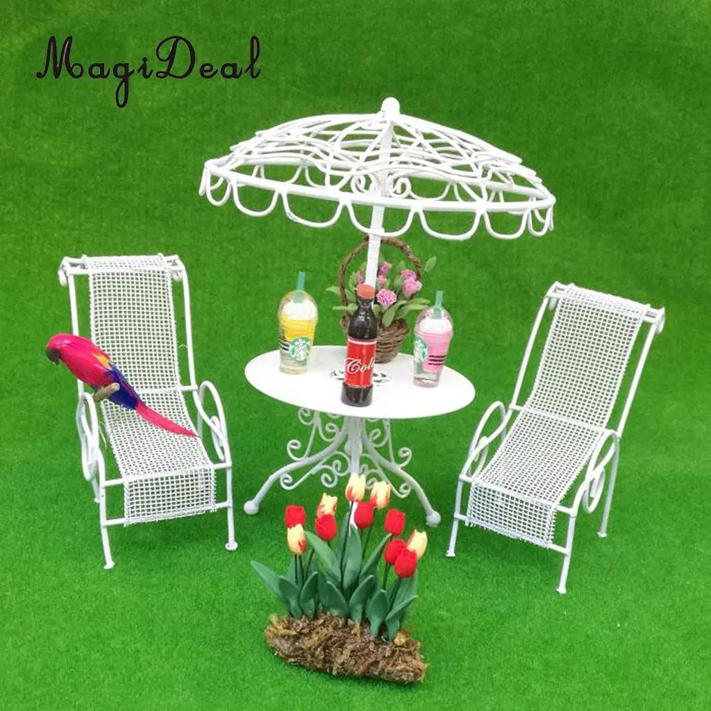 Metal 1/12 Dollhouse Miniature Outdoor Garden Metal Table Chairs Furniture Decoration Children Kids Model Toy