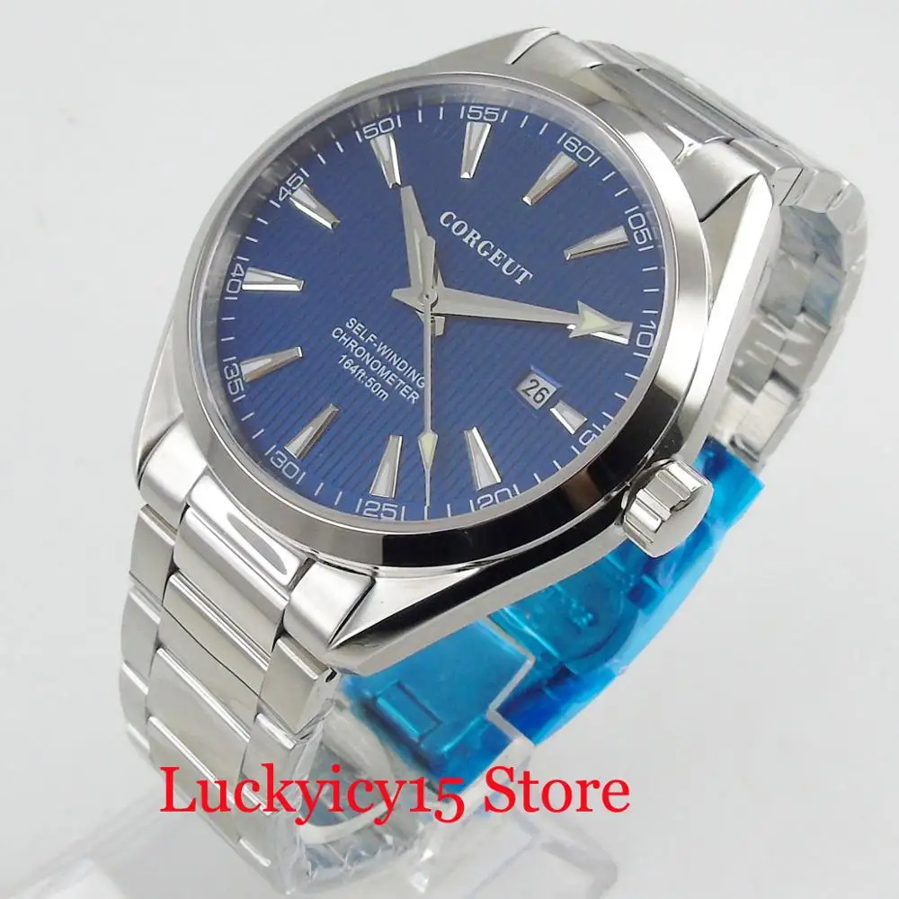 

Automatic Men's Watch Date Adjustment Blue Dial Sapphire Glass Mental Strap 41mm Wristwatch Round Case