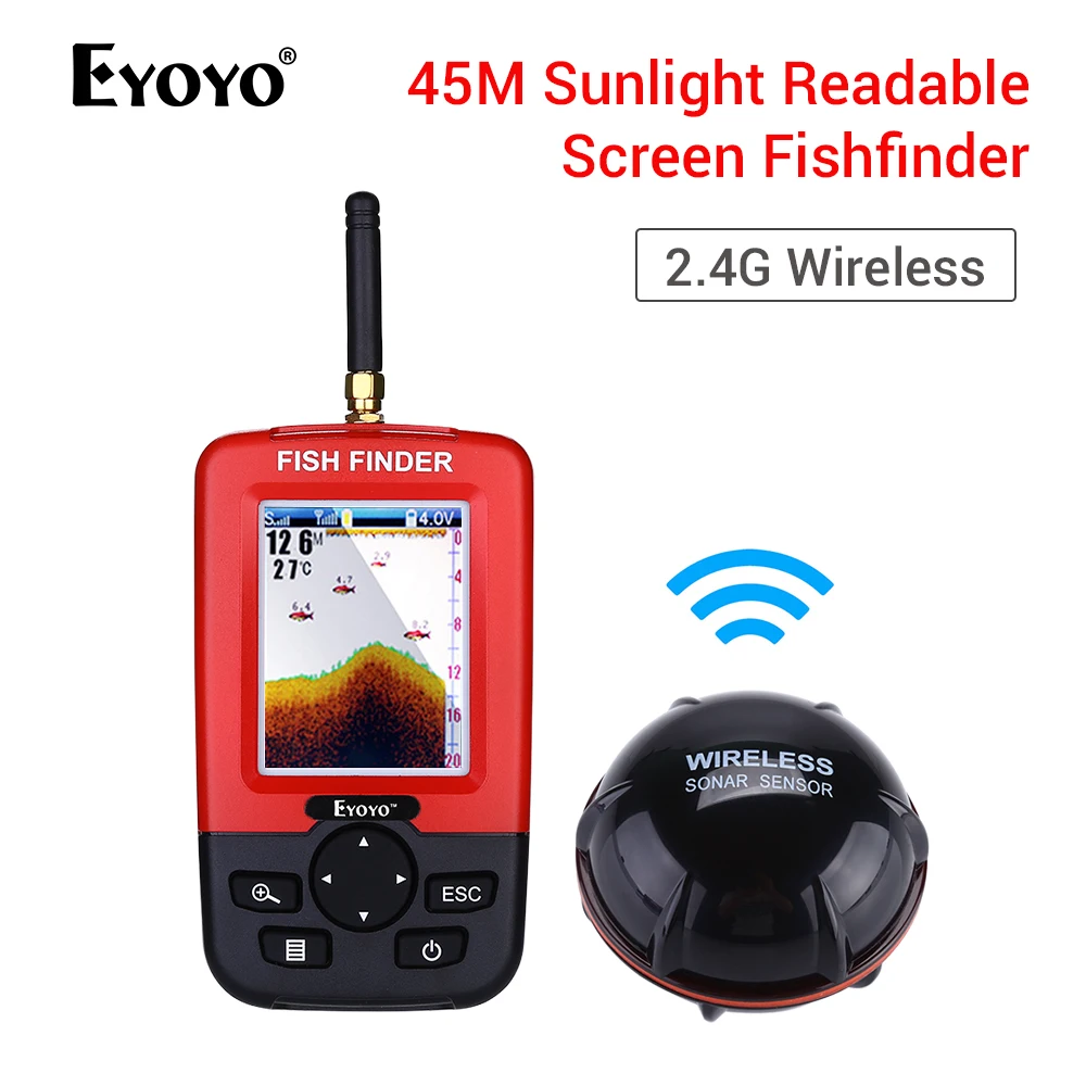 Eyoyo Sunlight Readable Screen Fish Finder 45M Max Depth +2.4Ghz Wireless Sonar Sensor