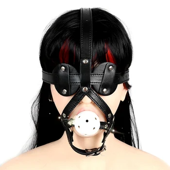 

Hot PU Leather Bondage Harness Unisex Mask Hood With Mouth Gag White Ball Cover Eyes Fetish Cosplay Sexy Toys Festival Rave Wear